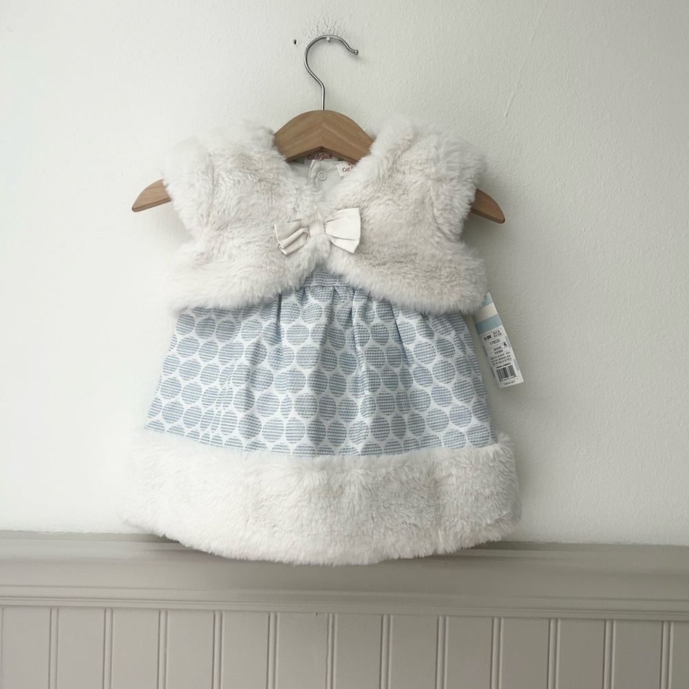 ⭐️ NEW NWT Cat & Jack 6-9Months Blue Jacquard Dress White Faux Fur Vest 2 Pc Set